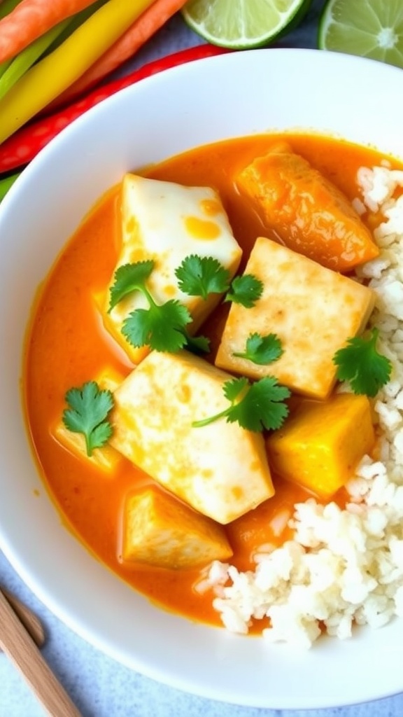 Spicy Thai Tilapia Curry with Coconut Milk A bowl of Spicy Thai Tilapia Curry with coconut milk, garnished with cilantro and served with jasmine rice and lime.